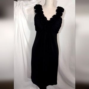 Maggie London Vintage wide, ruffled strapped, midi formal dress, black, V-Neck,6
